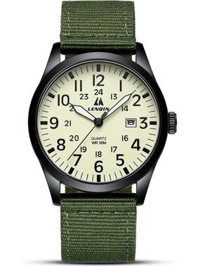 LN LENQIN Men's Green Classic Military Analog Quartz Waterproof Nylon Band Watch